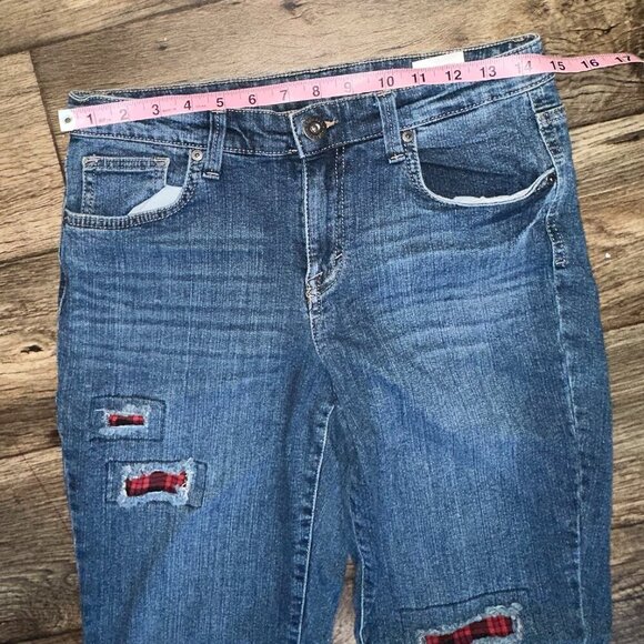 Blue Straight Leg Jeans Mid Rise Red Plaid Patches Women's Size 6 Style & Co - Picture 9 of 13